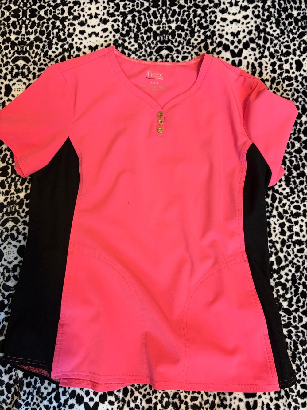 Cherokee Hot Pink and Black Short Sleeve Scrub Top